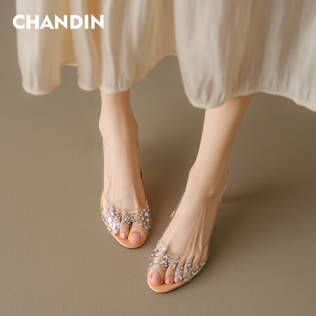 CHANDIN 透明水晶跟凉鞋女年夏季新款鱼嘴坡跟小个子亮片PVC高跟鞋女 透明水钻