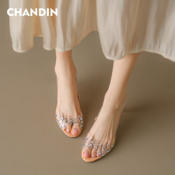 CHANDIN 透明水晶跟凉鞋女年夏季新款鱼嘴坡跟小个子亮片PVC高跟鞋女 透明水钻