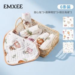 嫚熙 婴儿口水巾纱布新生儿宝宝手帕洗脸洗澡毛巾小方巾6条 甜心兔*2+蔬果晴空*2+假日海滩*2
