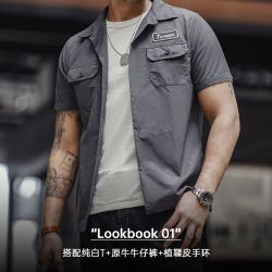 马登 工装 美式复古Toretto硬汉短袖衬衫深灰色翻领薄款衬衣男夏季