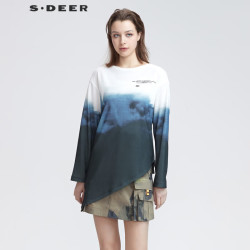 S.DEER 女装上衣休闲圆领撞色字母晕染不规则T恤S22180207 白色