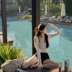 莫代尔 泳衣女温泉新款性感显瘦纯欲风防晒透气长袖罩衫高腰比基尼三件套