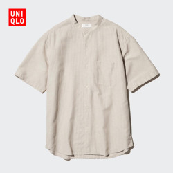 优衣库 男装女装棉麻条纹立领衬衫/短袖衬衣开衫休闲25474529 31 米色 M /170/92A