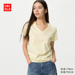 优衣库 竹节纱V领T恤/短袖优衣库女装纯棉打底休闲百搭26春夏新款483460