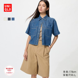 优衣库 牛仔箱型衬衫/半袖/水洗产品优衣库女装男装衬衣483877