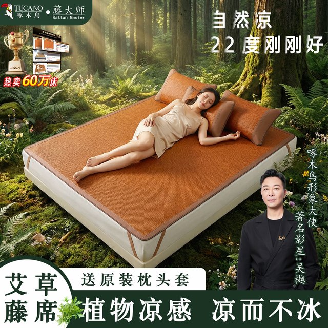 啄木鸟 冰藤席艾草凉席加厚新款冰丝席双面睡双人可折叠