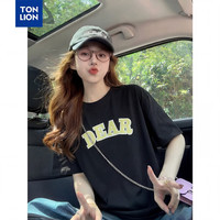 唐狮 春夏新款100%纯棉短袖T恤女宽松复古百搭上衣设计感小众t恤衫潮 黑色 S