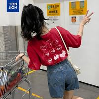 唐狮 新款女圆领背后爱心图案短袖T恤 大红 M