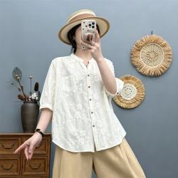 子牧棉麻 2026夏装 女宽松显瘦V领短袖衬衫五分袖上衣复古刺绣休闲衬衣2699 杏色