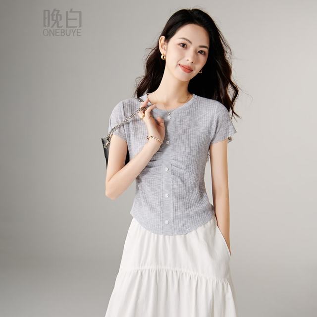 晚白 圆领短袖上衣 凉感针织衫 灰蓝色