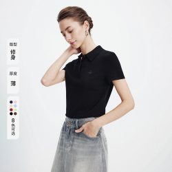 navigare 修身短袖针织翻领T恤女士黑色通勤POLO衫
