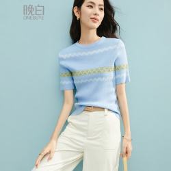 晚白 清新印花修身舒适短袖针织衫 女