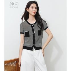 晚白 冰丝小香风镂空短袖针织开衫 女