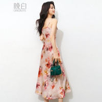 晚白 缎感软垂高级感印花吊带连衣裙 女