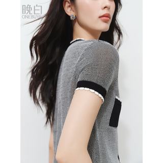 晚白 冰丝镂空撞色短袖针织开衫