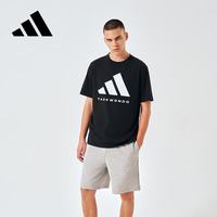 adidas 简约棉质短袖男女同款情侣款夏季宽松运动T恤 黑/白（棉质） XL