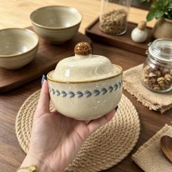 林哇 青绘复古炖蛊小碗蒸蛋陶瓷釉下彩带盖一人食汤煲日式厨房家用碗 M