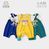 乖奇熊 宝宝短袖连体哈衣纯棉夏季装薄款爬服婴儿撞色运动风蓝球
