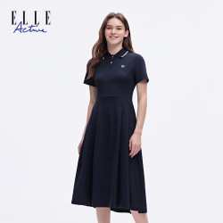 ELLE Active 女士经典翻领连衣裙 夏季短袖A字摆中长裙
