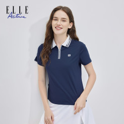 ELLE Active户外运动吸湿速干polo衫女翻领拉链上衣
