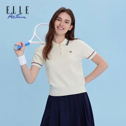 ELLE Active 女士撞色翻领针织衫 休闲收腰短袖POLO衫