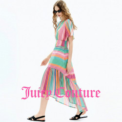 JuicyCouture 橘滋 女士彩色条纹印花喇叭袖连衣裙