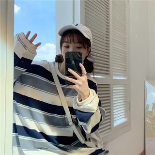 仙元素 条纹薄款长袖 女士卫衣