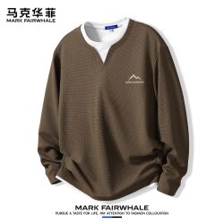 马克华菲 男士V领假两件拼色肌理休闲T恤
