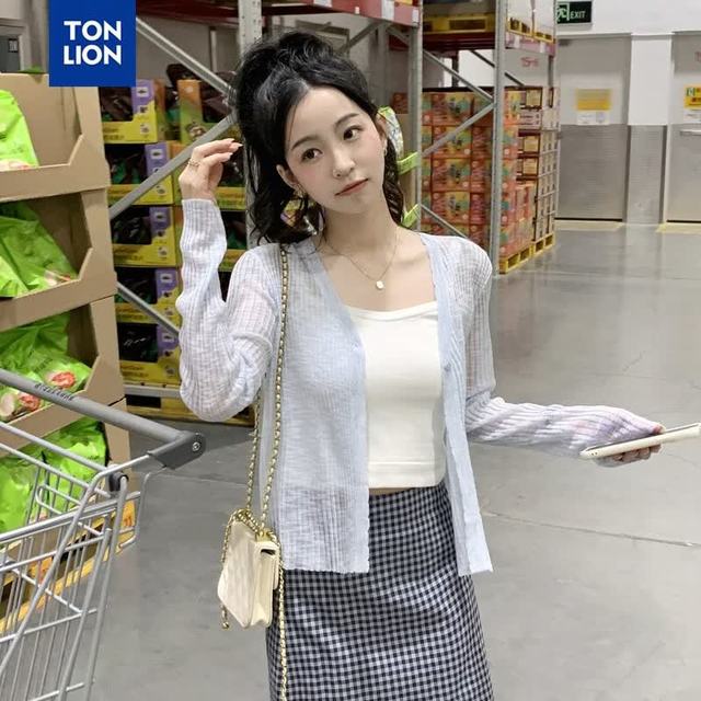 唐狮 女圆领净色肌理短袖线衫 冰蓝 L
