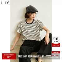 LILY 休闲通勤百搭宽松撞色条纹短袖T恤短款女上衣