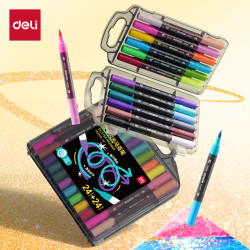 得力 双头闪光马克笔小学生美术绘画专用软头马克笔儿童画画水彩笔