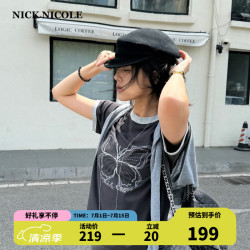 NICK NICOLE短袖t恤女2026年夏季新款美式蝴蝶印花复古T恤