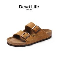 Devo Life Life的的的沃 Devo Life 的的沃 Devo Life Life 软木拖鞋男女同款勃肯鞋舒适绒面牛皮一字凉拖鞋鞋2718 黄棕反绒皮 34