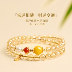 庆祥泰 天然真黄水晶手串女官方旗舰店双圈叠戴蜜蜡招财转运珠手链
