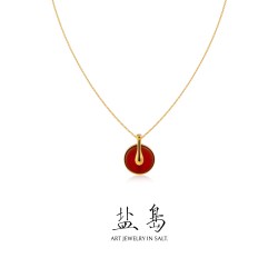 盐岛平安无事和田玉石吊坠项链小众设计感金色挂坠毛衣链原创配饰