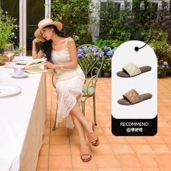 千百度 草编小懒拖女夏季精致沙滩平底休闲复古露趾拖鞋编织一字拖