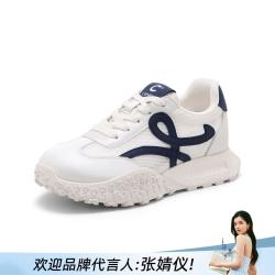 千百度 女士内增高德训鞋 透气网面薄款复古小白鞋