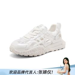 千百度 德训鞋女增高夏季透气网面薄款板鞋轻便运动复古休闲鞋厚底小白鞋