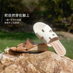 千百度 牛皮时装拖鞋26夏季新款舒适百搭复古增高女凉鞋