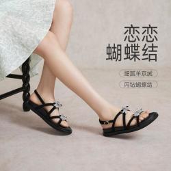 千百度 老钱风舒适皮软底沙滩凉鞋女细带优雅罗马凉鞋舒适鞋