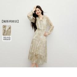 红袖 秋季女装印花串珠系带连衣裙两件套