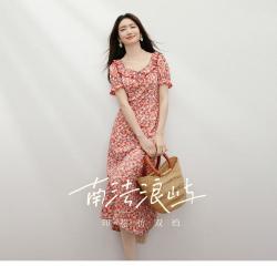 红袖 女装 度假风印花撞色系带荷叶边泡泡袖连衣裙
