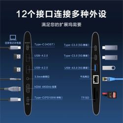汉梓宸 笔记本支架带12口Type-C扩展坞4K60HZ投屏PD100W供电USB3.0千兆网口立式笔记本电脑支架带风扇散热