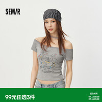 森马 短袖T恤女夏季短款蕾丝一字领印花紧身2026新款甜酷辣妹上衣 中花灰00510 M