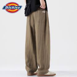 Dickies 高品质亚麻老钱风休闲裤男款夏季薄款宽松直筒弯刀阔腿男裤子 咖