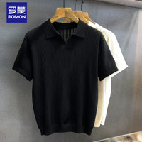 罗蒙 冰丝镂空花纹针织短袖polo衫男士夏季翻领T恤男款 黑色    L