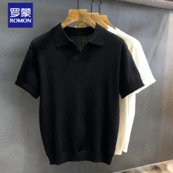 罗蒙 冰丝镂空花纹针织短袖polo衫男士夏季翻领T恤男款 黑色    L