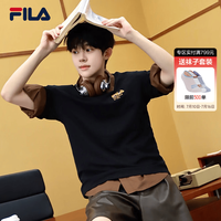 FILA 官方男装针织短袖衫2026夏新款宽松猫咪刺绣T恤上衣 正黑色-BK L 175/96A/L