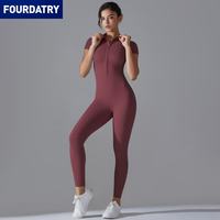 FOURDATRY 新款纯色拉链紧身高弹短袖连体衣运动健身跑步