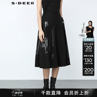 S.DEER 2021冬季女装个性飘带胶毛呢A字长裙S21481125 黑色/